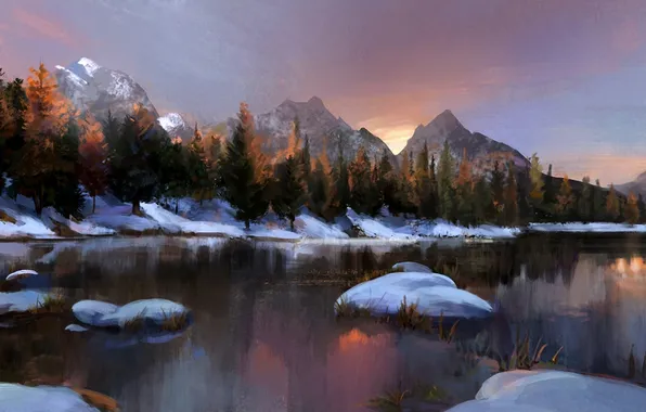 Картинка зима, снег, деревья, горы, озеро, камни, арт, хвойные