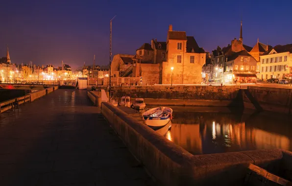 Картинка ночь, мост, огни, река, Франция, дома, лодки, фонари
