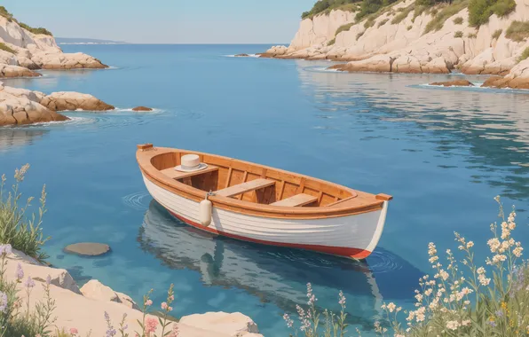 Море, лето, цветы, отражение, синева, камни, скалы, берег