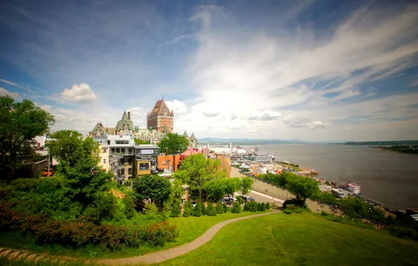 Картинка пейзаж, река, побережье, дома, Канада, Quebec
