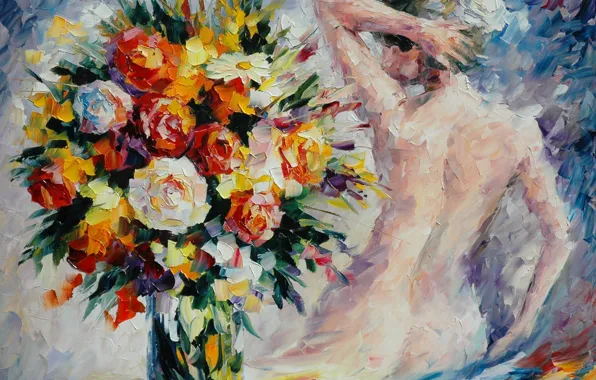 Картинка девушка, цветы, спина, букет, руки, ваза, живопись, Leonid Afremov