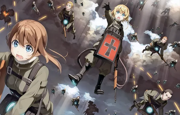 Girl, soldier, sky, military, war, anime, fairy, man