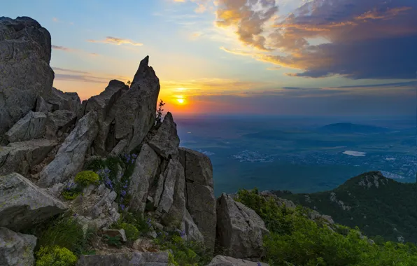 Картинка солнце, пейзаж, горы, природа, скалы, рассвет, утро, Кавказ