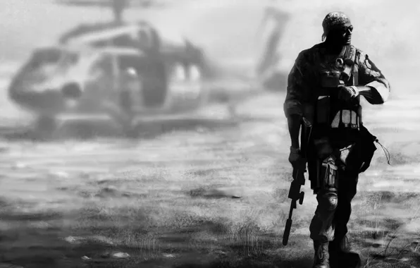 Картинка фон, солдат, вертолет, экипировка