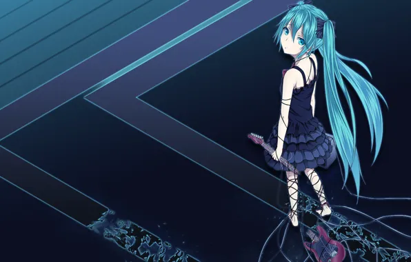 Гитара, Арт, Vocaloid, Miku hatsune, длинные волосы.