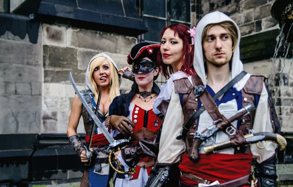 Dress, men, women, Assassin's Creed, cosplay, blonde, antique firearms, swords. pose