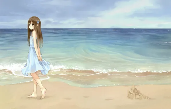 Картинка песок, море, пляж, небо, девушка, аниме