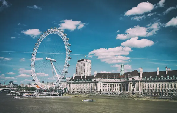 Картинка Лондон, Темза, London, England, London Eye, Thames, River, чертово колесо