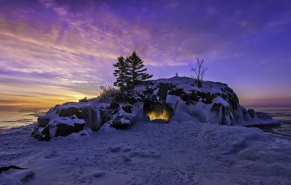 Картинка снег, закат, скала, USA, minnesota, north shore