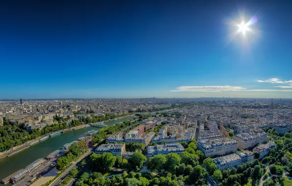 Картинка небо, солнце, мост, река, Франция, Париж, Сена, панорама