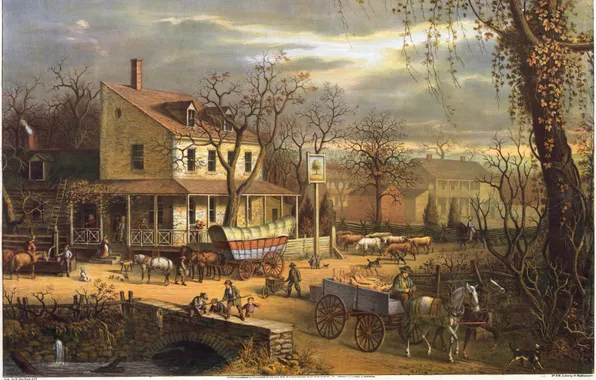 Картинка картина, живопись, painting, 1817, Roadside in American scenery, библиотека Конгресса США, E.Sachse &ampamp; Co.