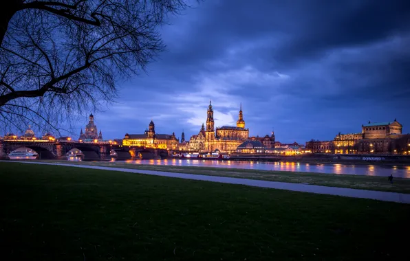 Небо, облака, мост, огни, река, дома, вечер, Германия