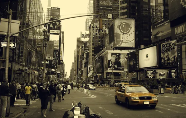 Картинка ч/б, такси, нью-йорк