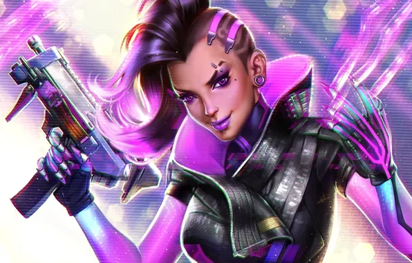 Девушка, лицо, улыбка, пистолет, оружие, арт, прическа, blizzard