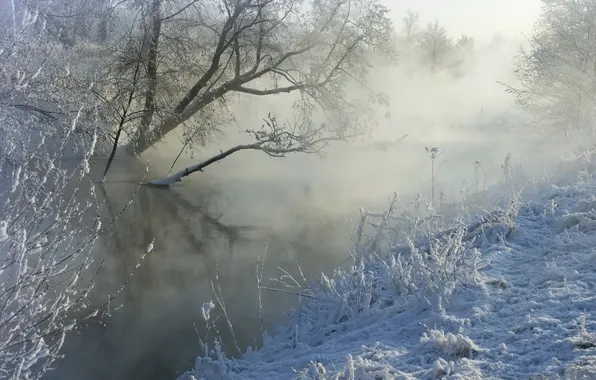 Картинка зима, снег, туман, река