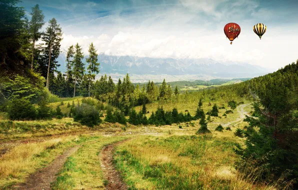 Картинка дорога, лес, горы, воздушные шары