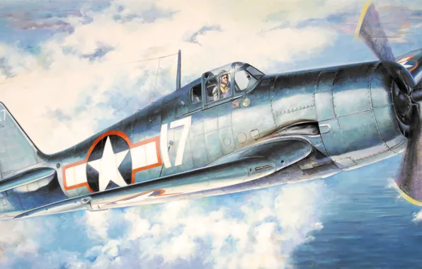 Картинка fighter, war, art, airplane, aviation, ww2, Grumman F6F Hellcat