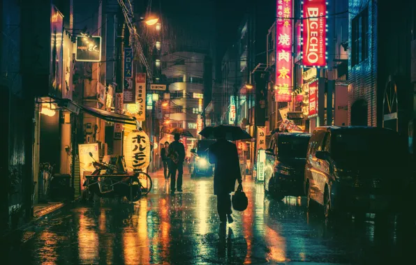 Картинка люди, дождь, улица, неон, зонтики, автомобили, магазины, центр города