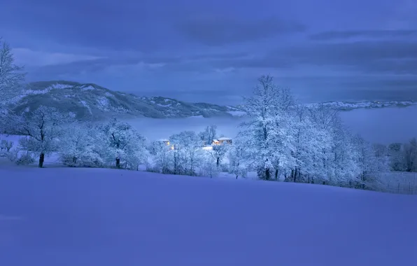Зима, снег, деревья, горы, Италия, Italy, Valmozzola, Вальмоццола