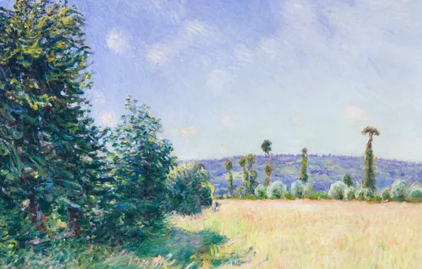 Картинка пейзаж, картина, Alfred Sisley, Альфред Сислей, Саюр. Луг в Утреннем Солнце