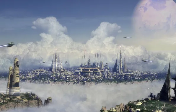 Картинка город, луна, облока, город будущего, купола