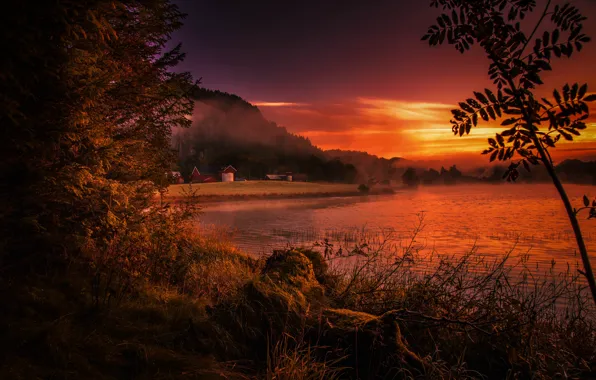 Картинка закат, туман, река, берег, Норвегия, Ругаланн, Rogaland