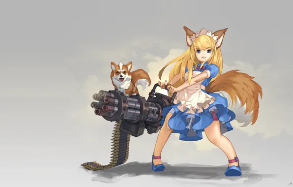 Картинка оружие, девочка, собака, арт, аниме, ушки, hinew KIM, Gatling Dog!
