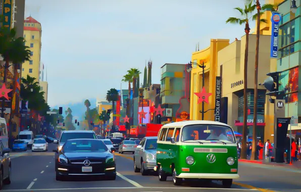 Люди, улица, здания, автомобили, Hollywood Boulevard