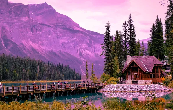 Пейзаж, горы, мост, природа, озеро, дом, Канада, Альберта