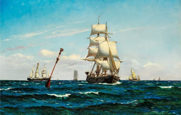Картинка море, волны, корабль, паруса, carl locher