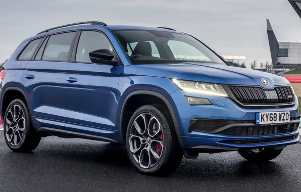 Машина, внедорожник, сбоку, колёса, Skoda, синяя машина, большая машина, Skoda Kodiaq vRS