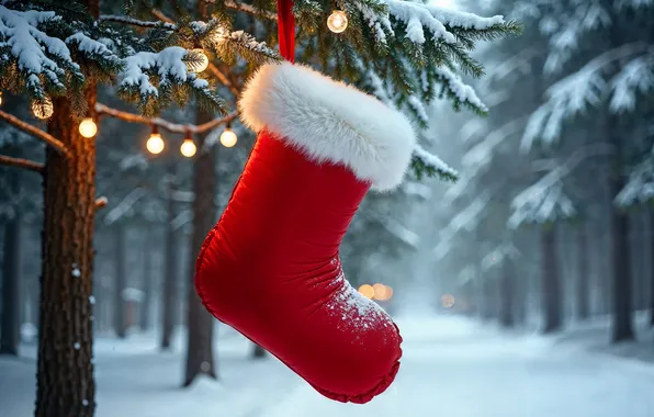 Снег, украшения, ночь, елка, Рождество, Новый год, Christmas, night