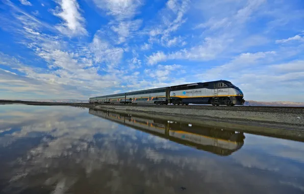 Картинка небо, вода, отражения, поезд, Калифорния, США, Drawbridge