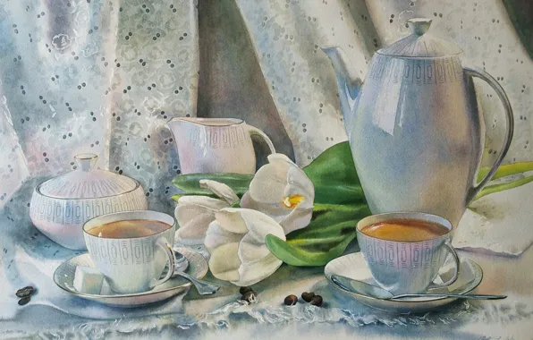 Акварель, натюрморт, живопись, "Натюрморт с тюльпанами", нежные краски, художник Любовь Титова