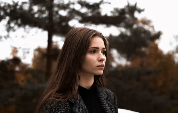 Взгляд, девушка, природа, волосы, брюнетка, пальто, боке, Askar Idrisov