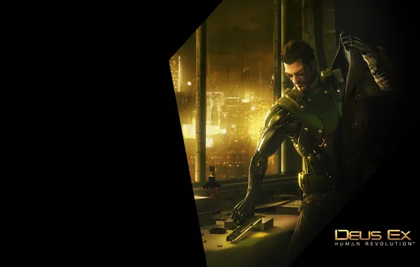 Картинка город, огни, пистолет, пули, Адам, Deus Ex : Human Revolution