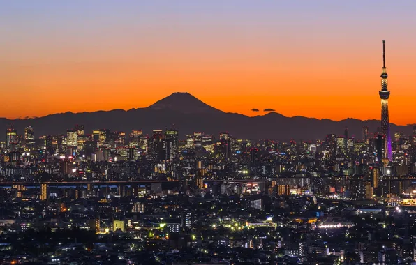 Картинка ночь, огни, башня, гора, Япония, панорама, Фудзияма, Итикава