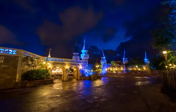 Ночь, замок, Magic Kingdom, Castle Walls