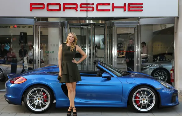 Картинка авто, взгляд, девушка, улыбка, Porsche, кабриолет, Мария Шарапова