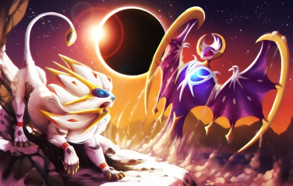 Moon, game, wings, lion, dust, fight, Pokemon, Pokémon Sun & Moon