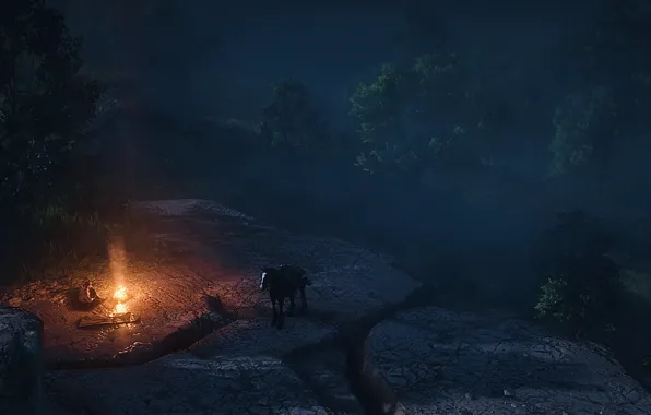 HDR, Fire, Rock, Wood, Night, Game, Camp, Fog