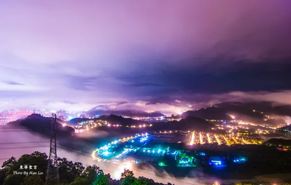 Картинка огни, туман, вечер, Китай, Тайвань, сумерки