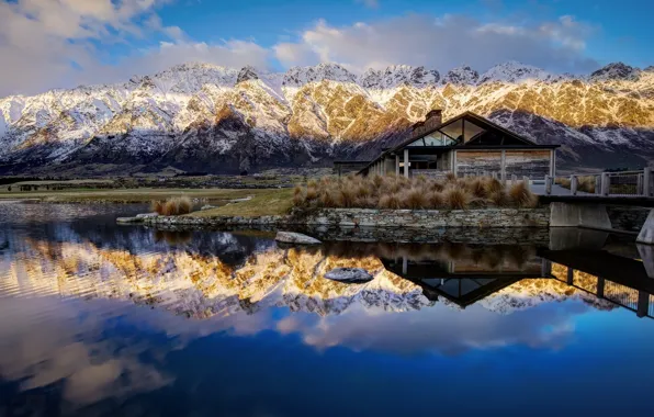 Горы, отражение, Новая Зеландия, New Zealand, Queenstown, Lake Wakatipu, Куинстаун, озеро Уакатипу
