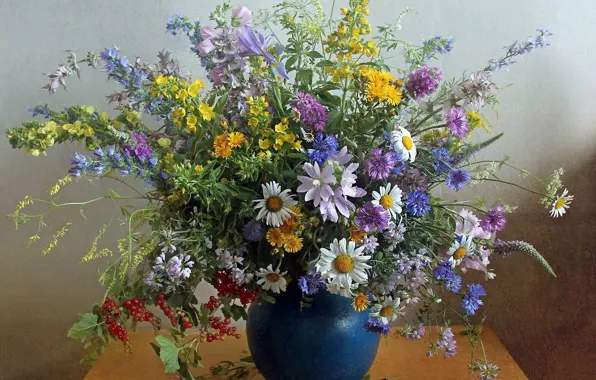 Листья, цветы, ягоды, стол, ромашки, букет, желтые, ваза
