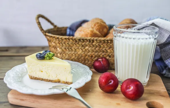 Стакан, молоко, черника, пирог, сливы, выпечка, творог, запеканка