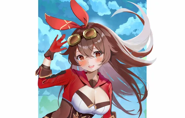 Girl, sexy, cleavage, blouse, long hair, brown hair, boobs, anime