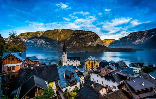 Небо, горы, природа, озеро, дома, Австрия, церковь, Austria