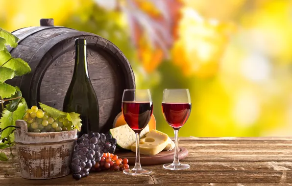 Листья, вино, сыр, виноград, бочка