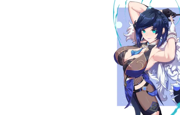 Sexy, blue, anime, short hair, pretty, tights, anime girl, genshin impact