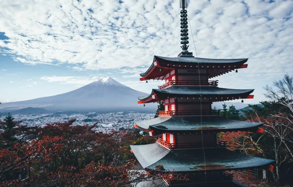 Картинка осень, небо, облака, дом, гора, Япония